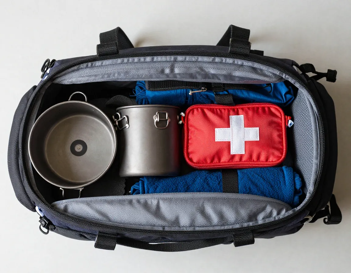 Horizontal layering of gear across backpack width not vertical