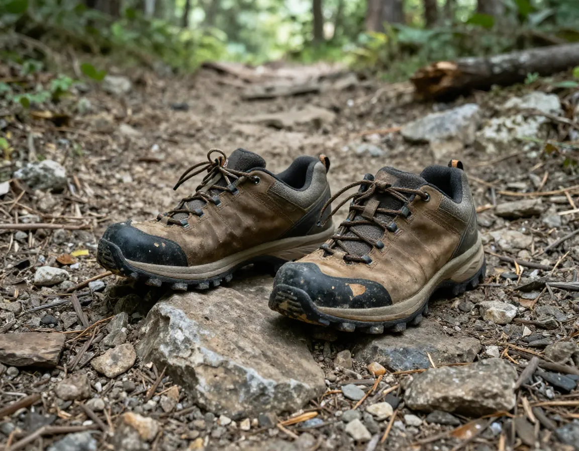 Sturdy broken in hiking shoes on a rocky camp trail