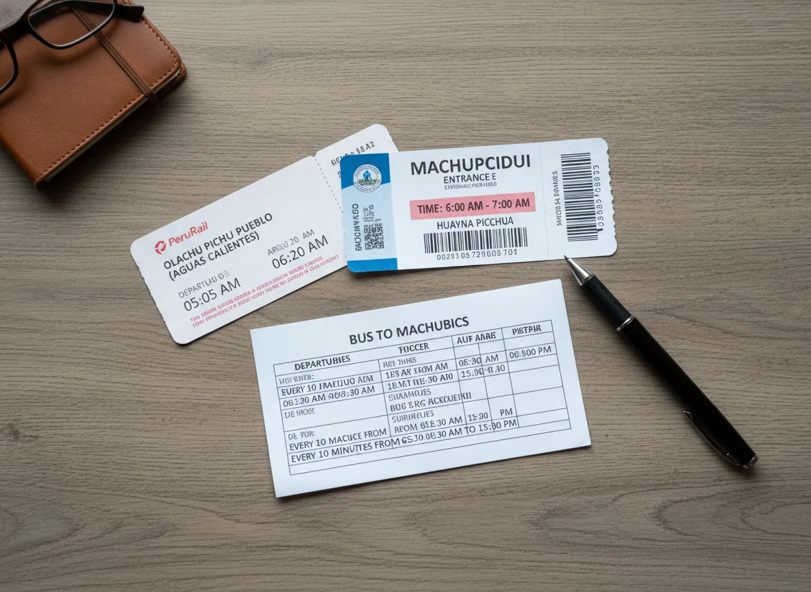 Synchronized machu picchu entry ticket and train ticket flat lay