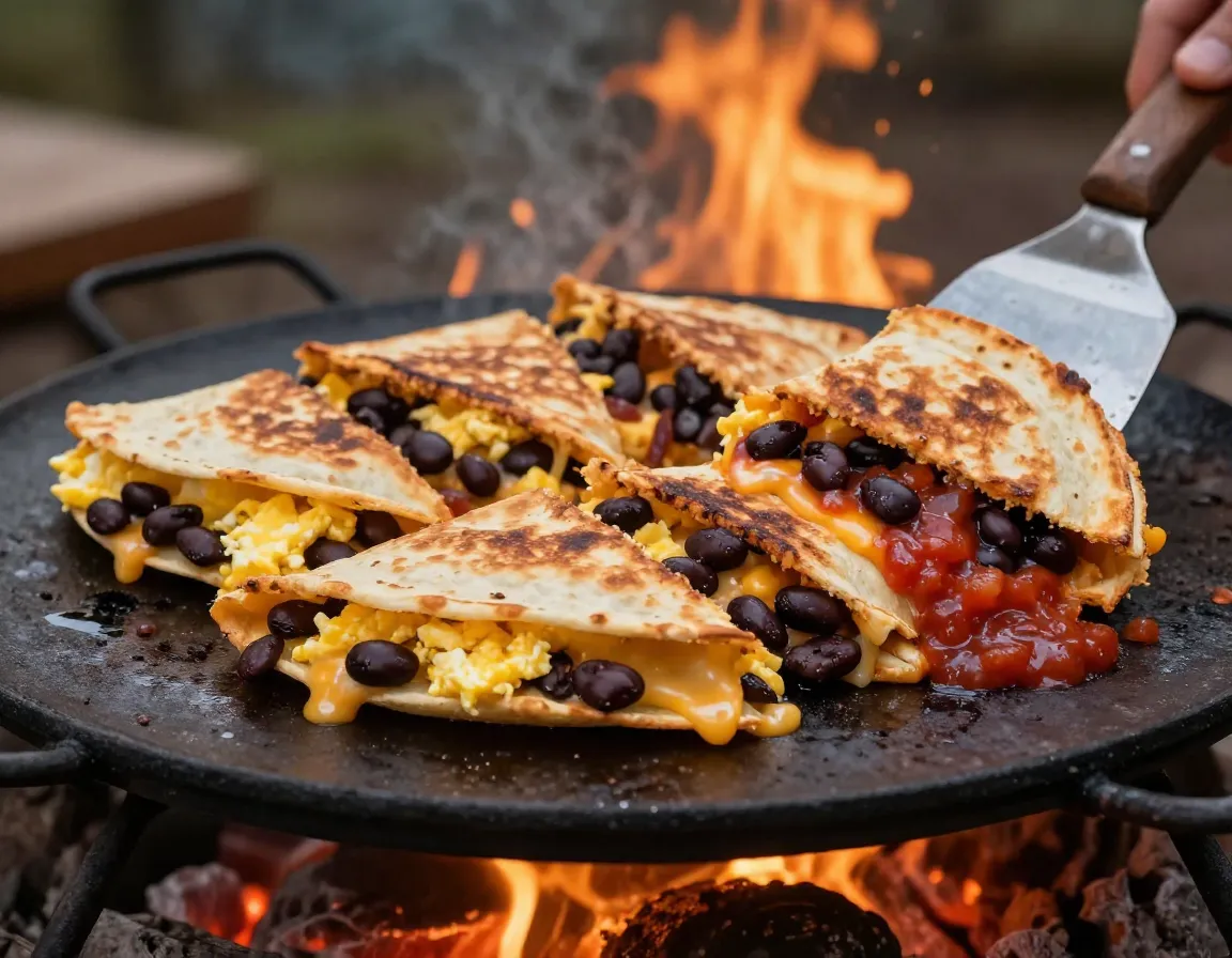 Cheesy egg quesadilla toasting on campfire griddle with beans