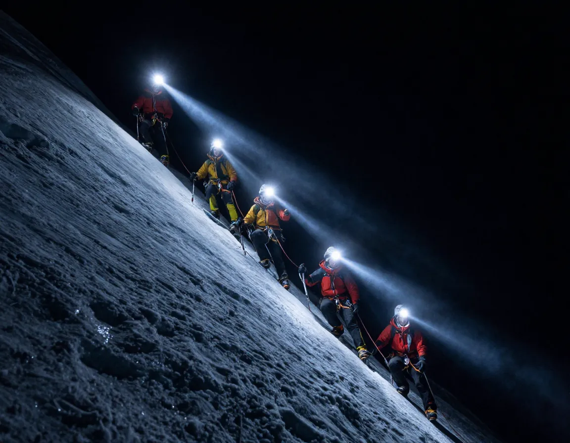 Climbers ascending a glacial ice wall in darkness with headlamps
