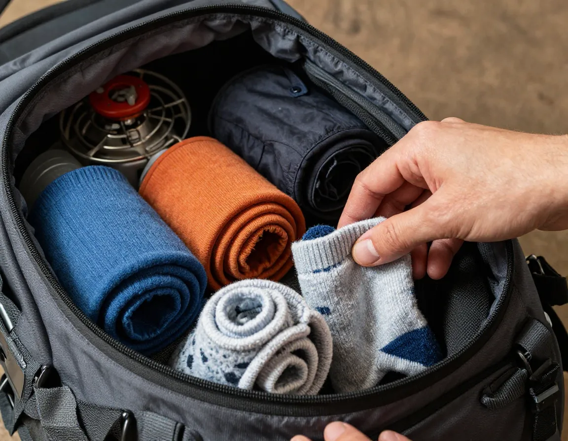 Filling backpack gaps with soft socks clothes for stability