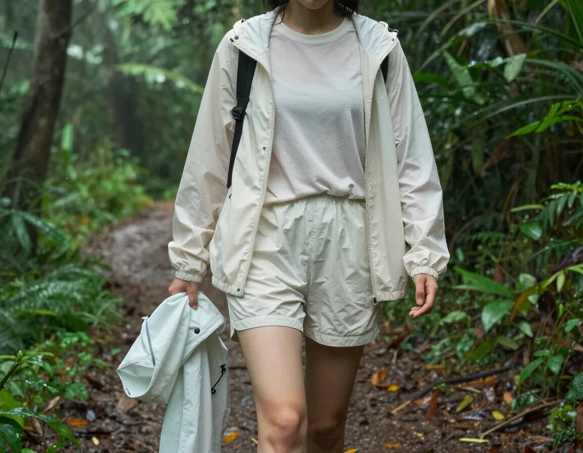 Humid climate comfort outfit loose shorts baselayer tee water repellent windbreaker