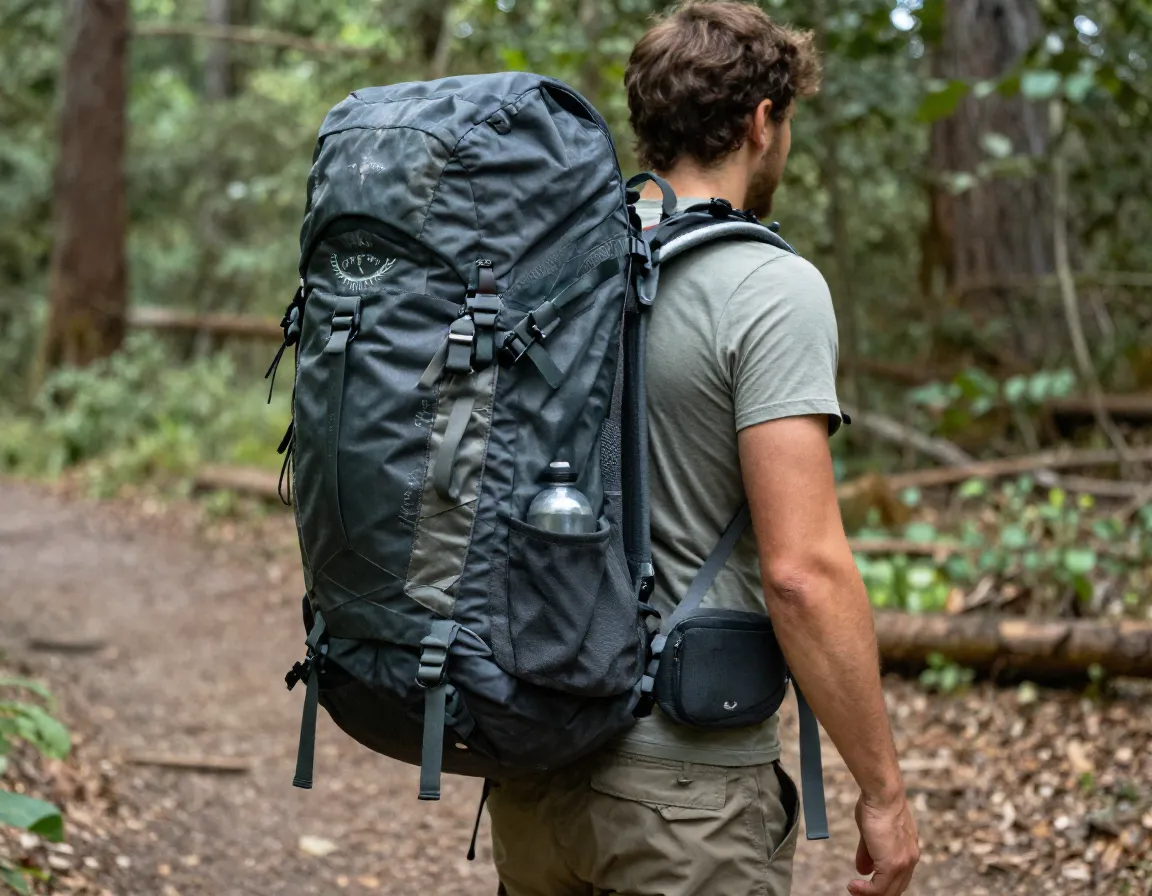 Osprey hikelite 26 pack with trampoline back on forest hike