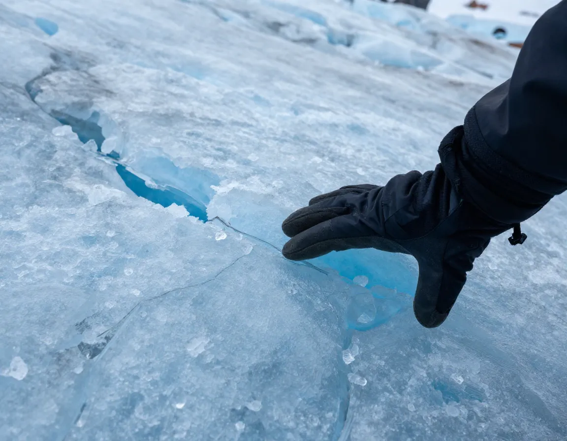 Climber touching a retreating glacier on kilimanjaro