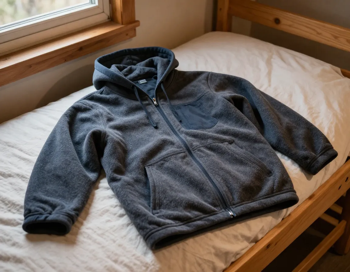 Mid weight zip up fleece hoodie on a cabin bunk