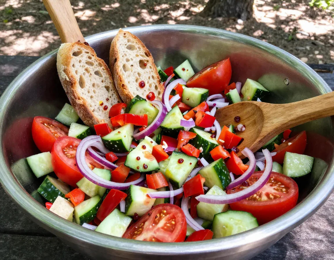 Panzanella salad chopped in large camping bowl with crusty bread