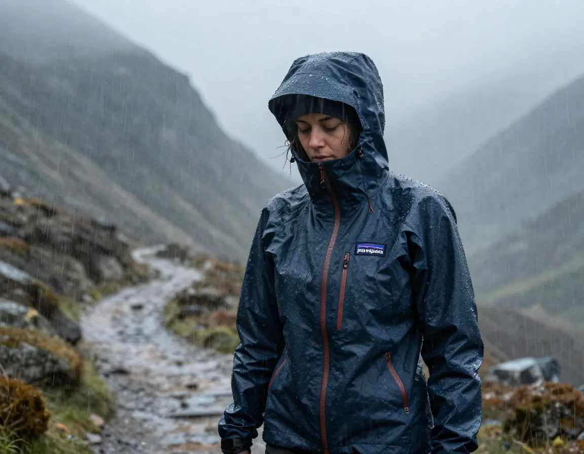 Patagonia torrentshell 3l rain jacket in mountain downpour