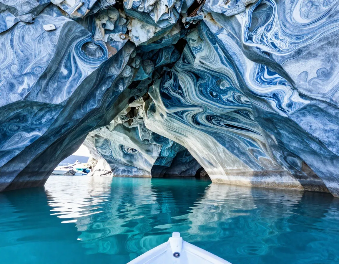 Swirling blue and white marble caves reflecting in turquoise lake water