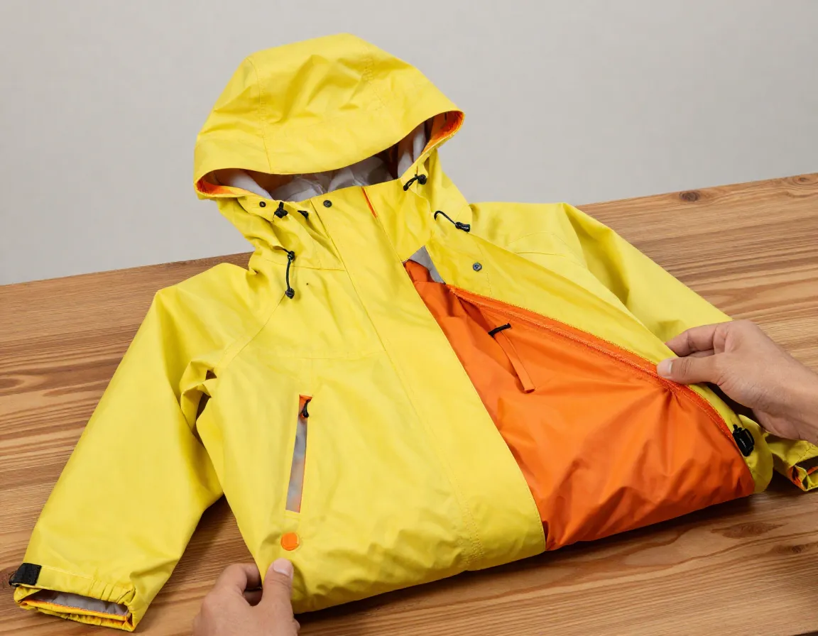 Bright packable rain jacket stuffed into its own pocket