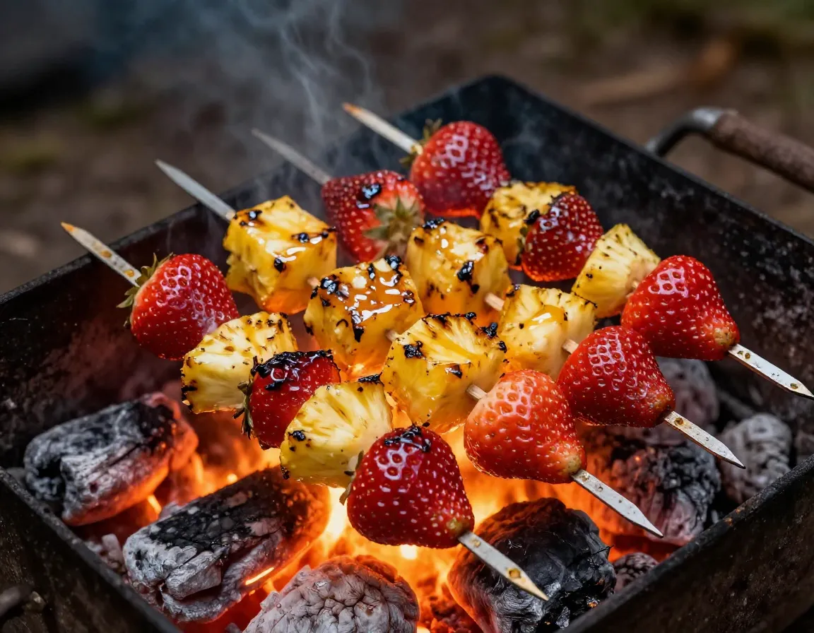Grilled fruit skewers of strawberries and pineapple over campfire