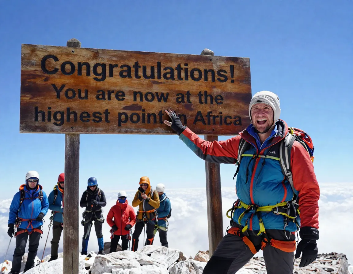 Triumphant climber touching the uhuru peak summit sign