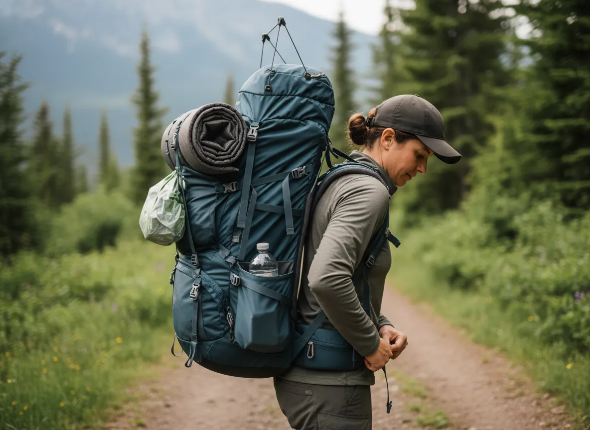 Adjusting backpack hip belt shoulder straps load lifters for fit