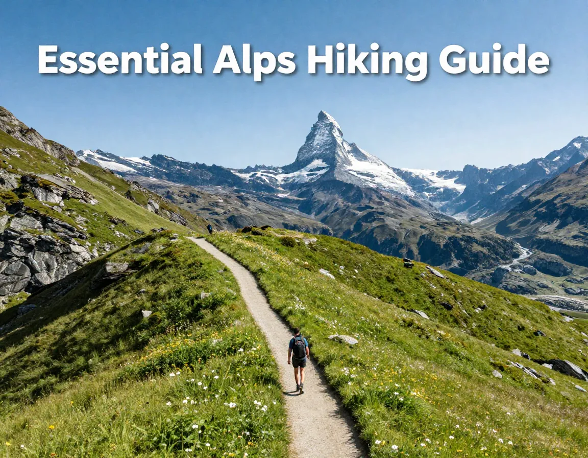 Aerial view hiker on winding trail with eiger mountain peak background