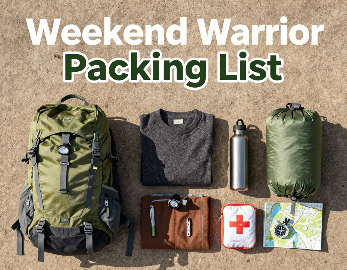 Backpack gear flat lay essentials checklist adventure weekend warrior