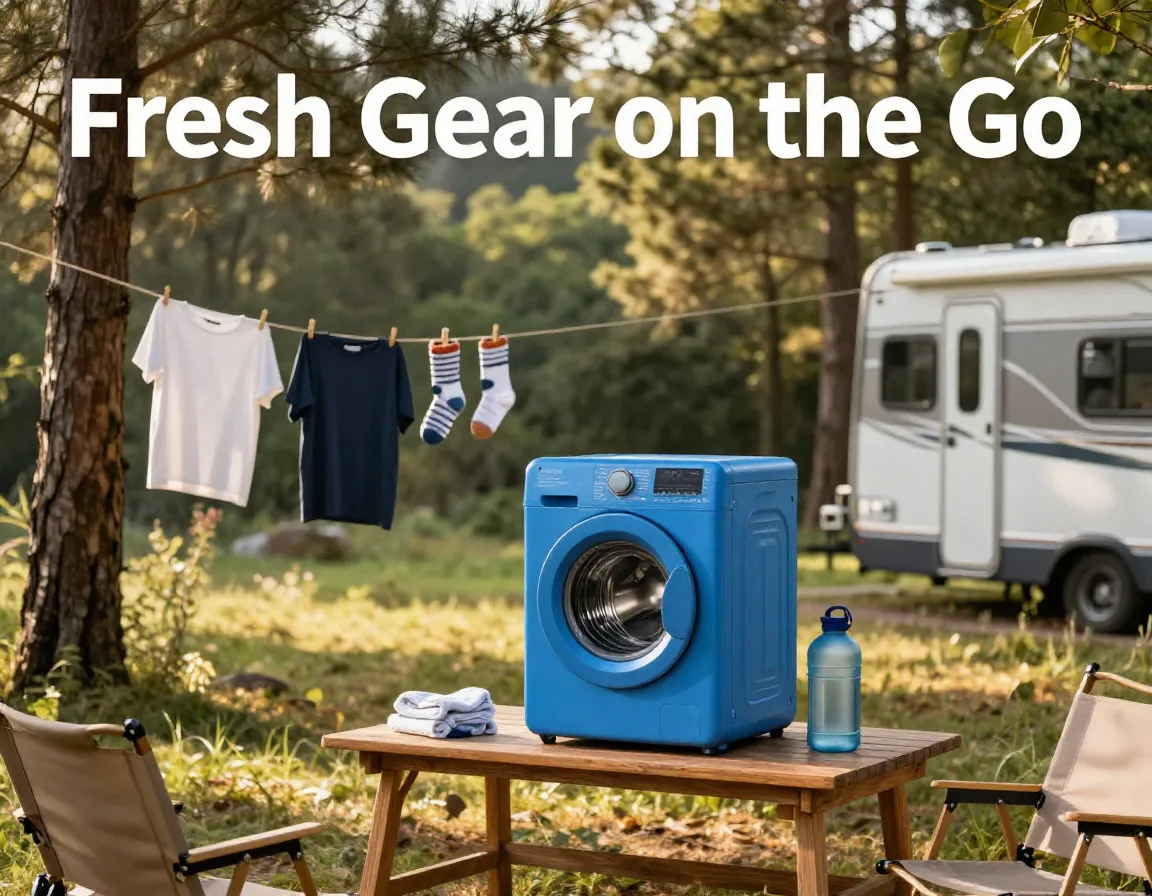 Portable camp washer at scenic forest campsite with drying clothes