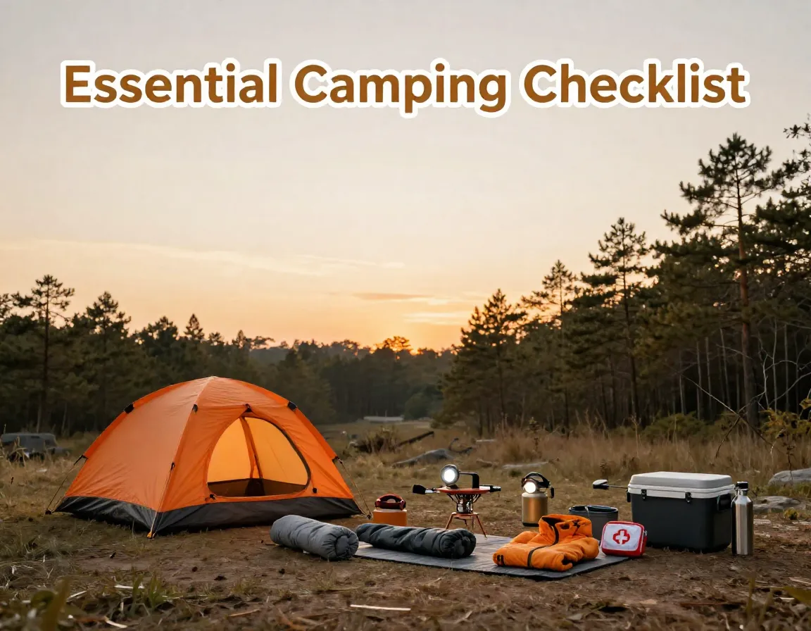 Sunset campsite checklist gear arrangement forest camping essentials