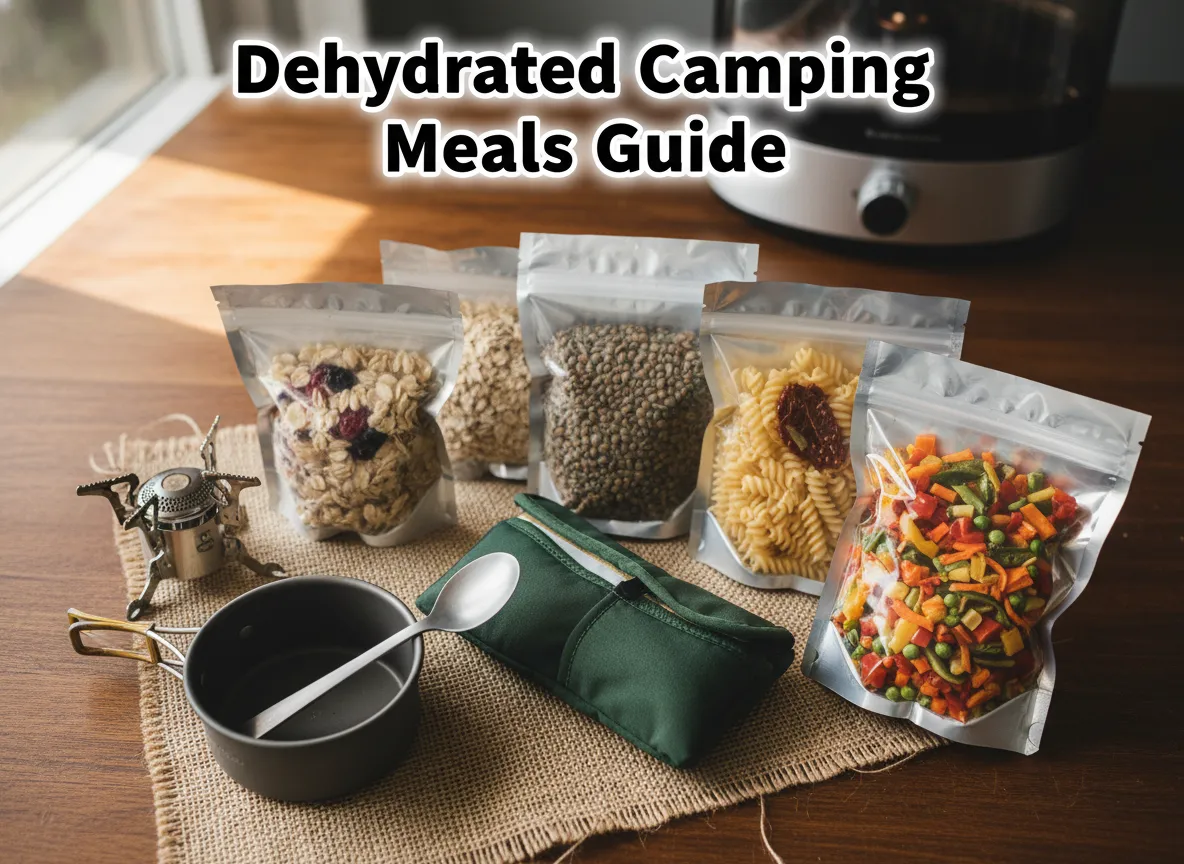 Vacuum sealed mylar bags dehydrated ingredients camp stove overhead flatlay