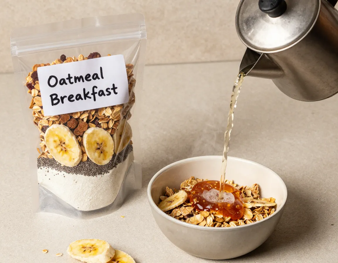 Dehydrated oatmeal power breakfast custom mix with bananas chia seeds milk