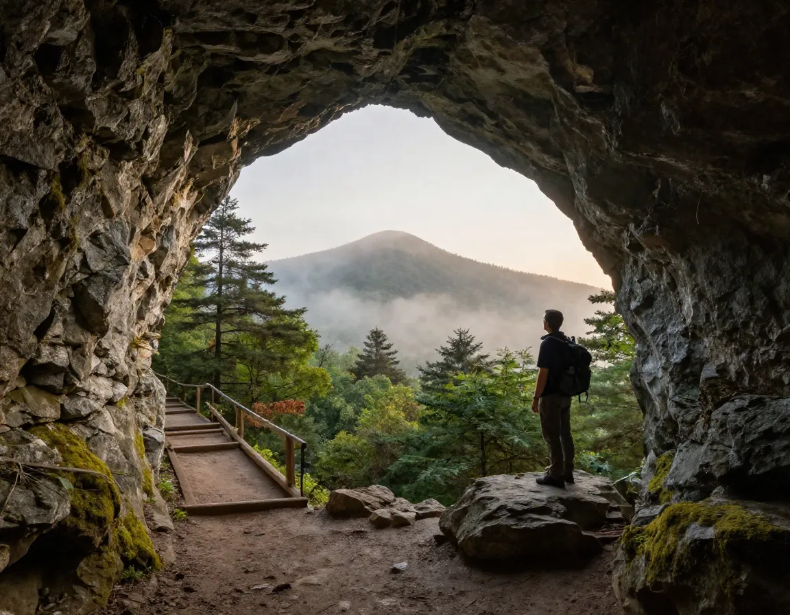 Hiker in arch rock natural tunnel overlooks mount leconte misty forest