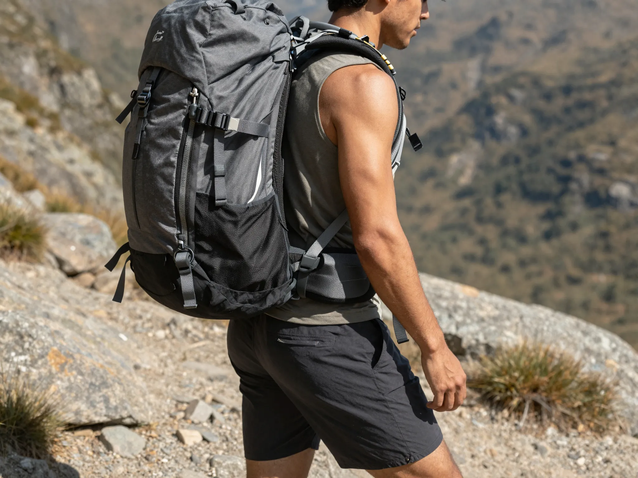 Hiking backpack with hip belt and hydration sleeve in mountain trail
