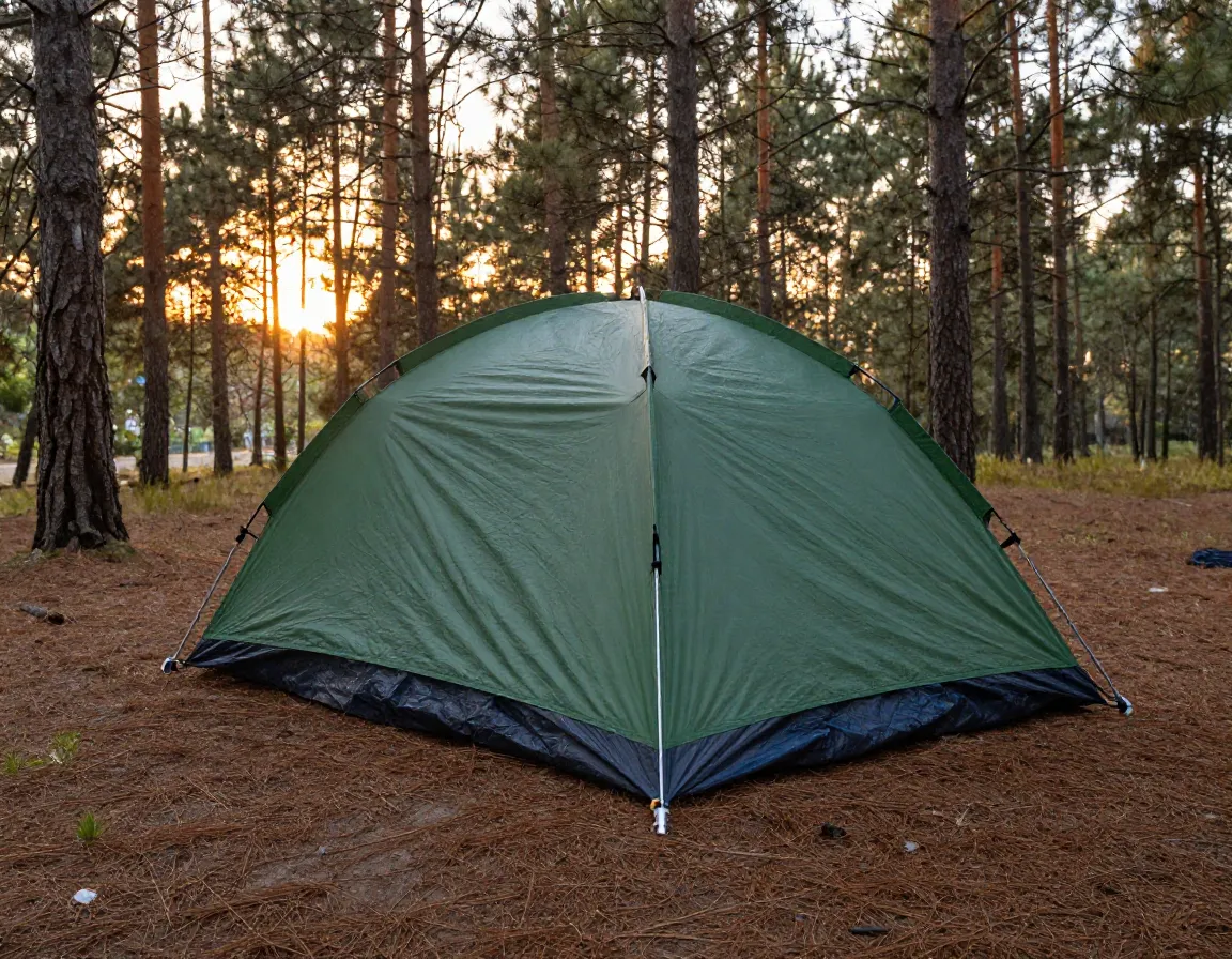 Tent with stakes rainfly ground tarp anchored in pine forest at sunset