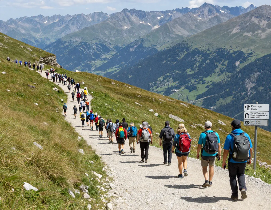 Vast crowds of hikers on a popular alpine trail during peak season