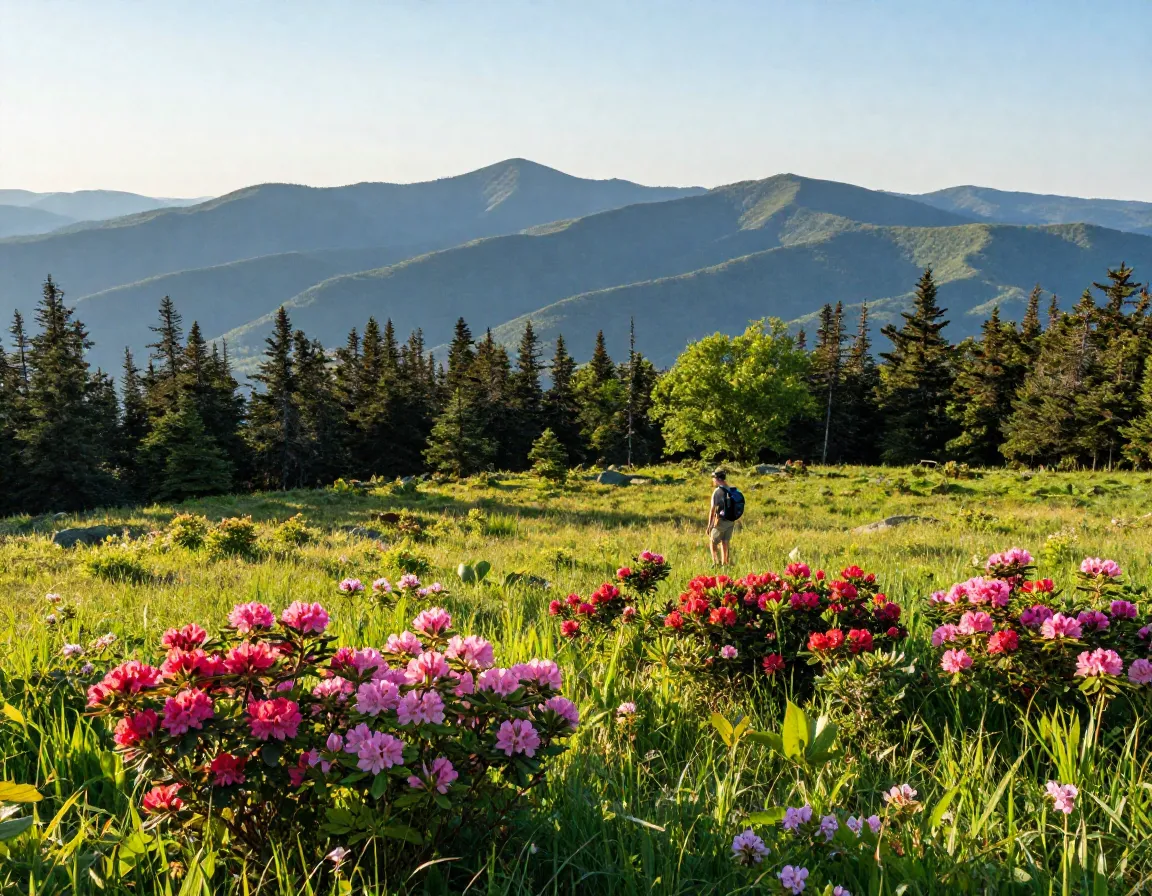 Hiker on open grassy bald with wildflowers panoramic mountain ridge views