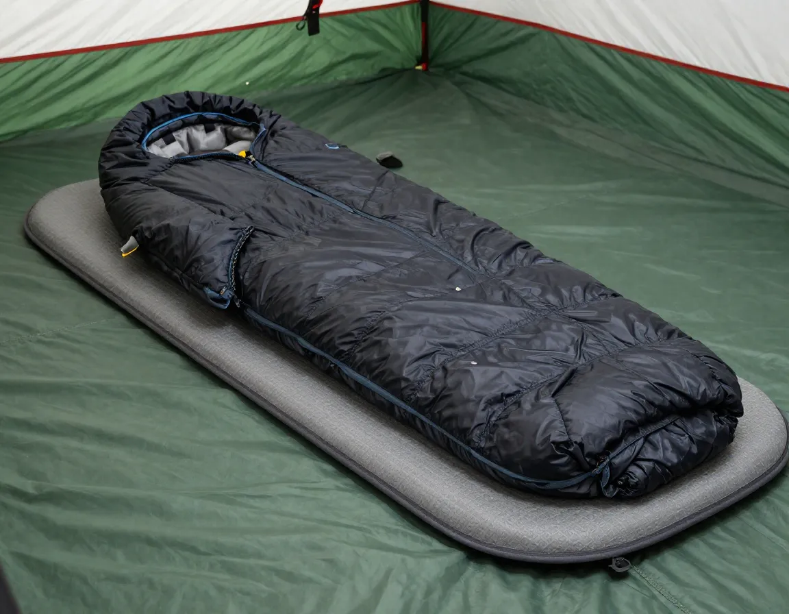 Mummy style sleeping bag unrolled on sleeping pad inside tent