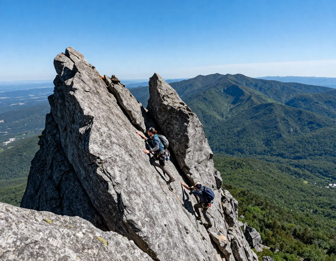 Climber scrambling up rocky twin pinnacles summit panoramic mountain views