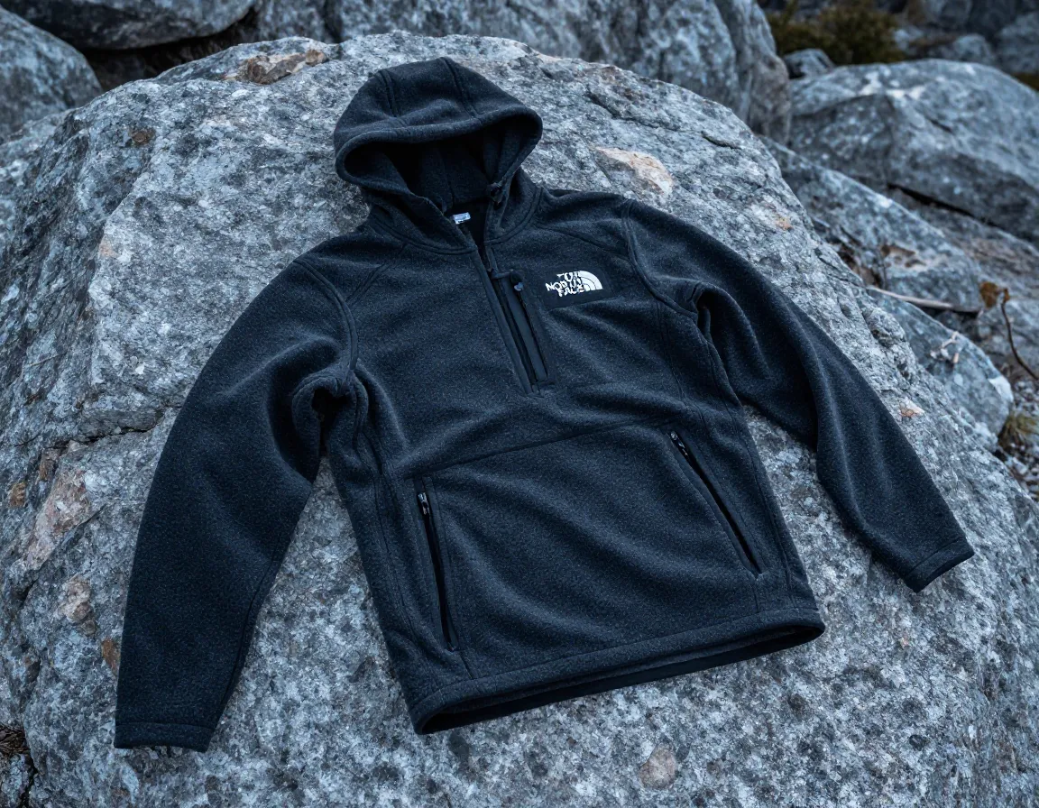 Lightweight hollow core fleece hoodie on rock