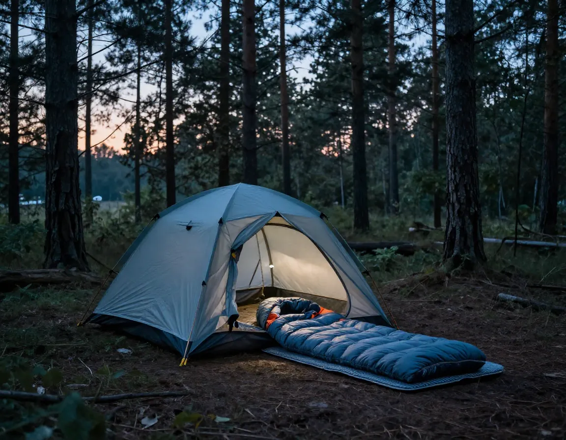 Lightweight three season tent and sleeping bag in pine forest