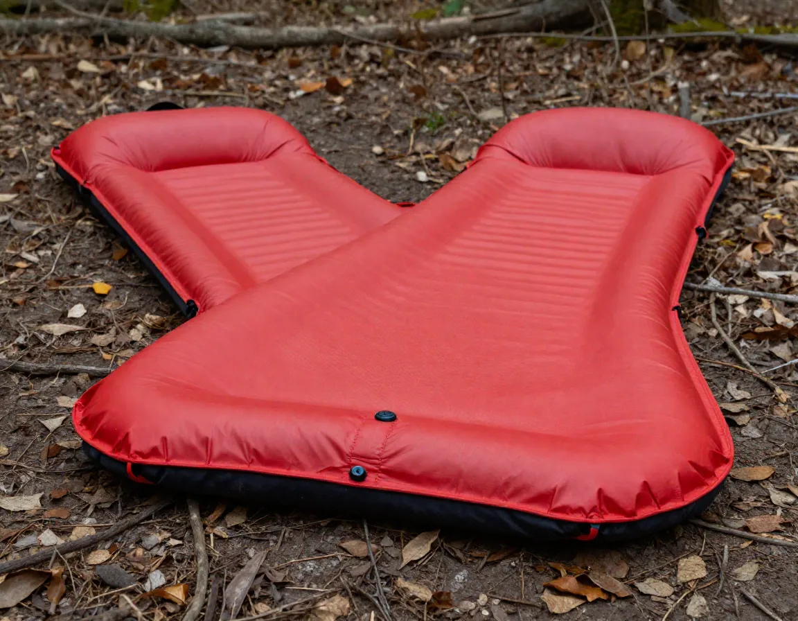 Red inflatable sleeping pad fully inflated on forest floor