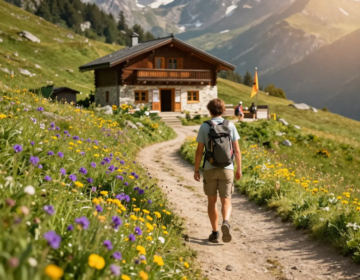 Hiker on a summer alpine trail with wildflowers and open mountain hut