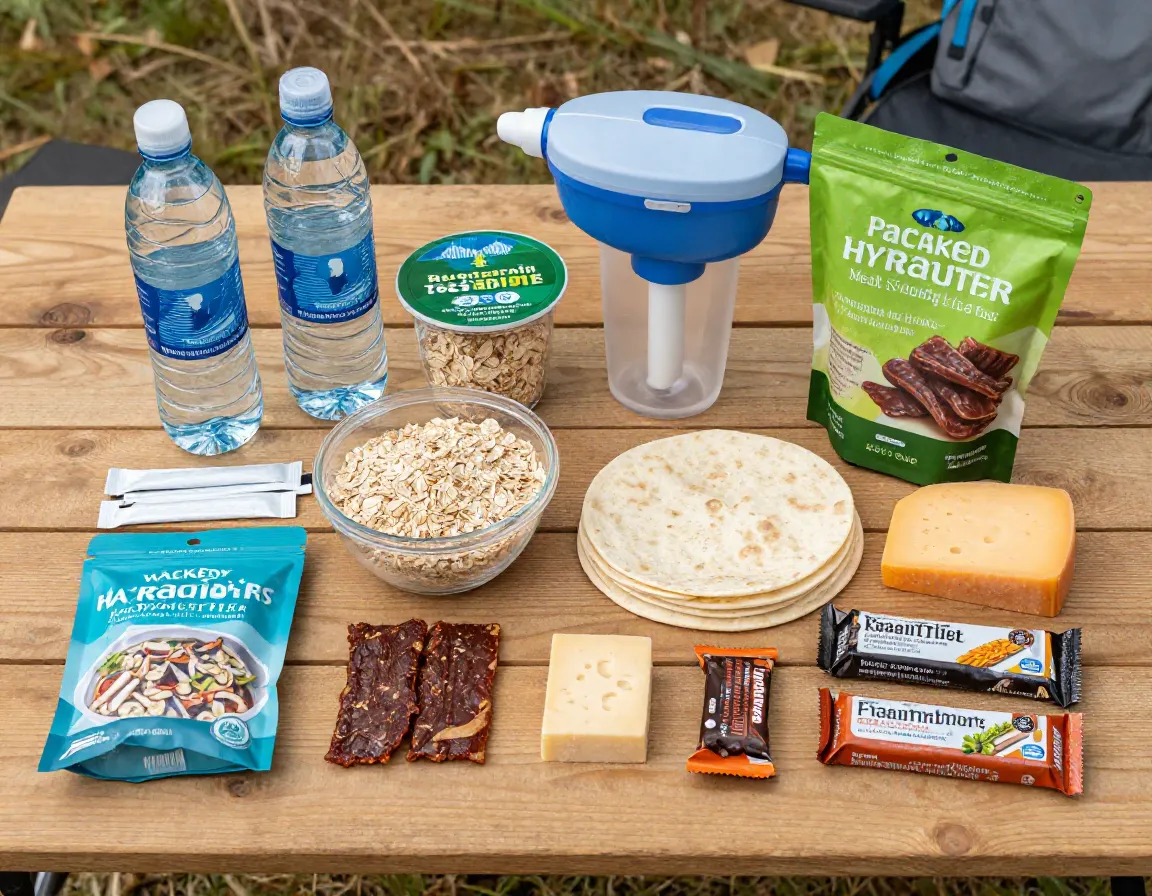 Packed hydration meals and water filter for backcountry nutrition