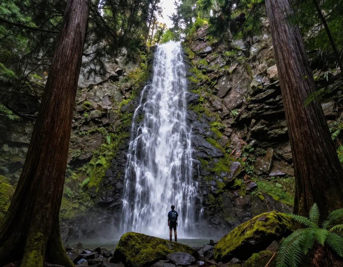 Tall waterfall cascades over mossy rocks old growth forest massive trees
