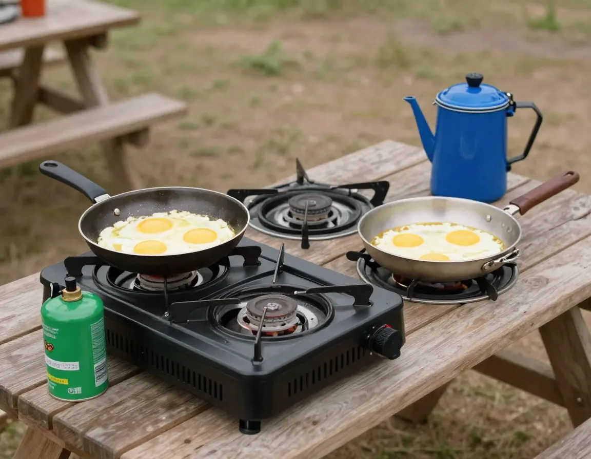 Two burner propane stove cooking eggs in skillet at campsite table