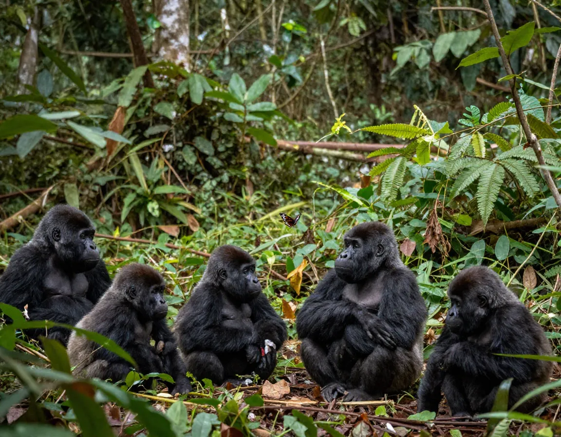Young gorilla watching butterfly in lush bwindi forest habitat