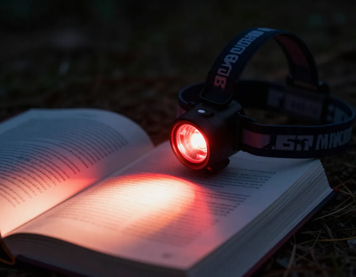 Headlamp with red light mode illuminating a camping cookbook at night