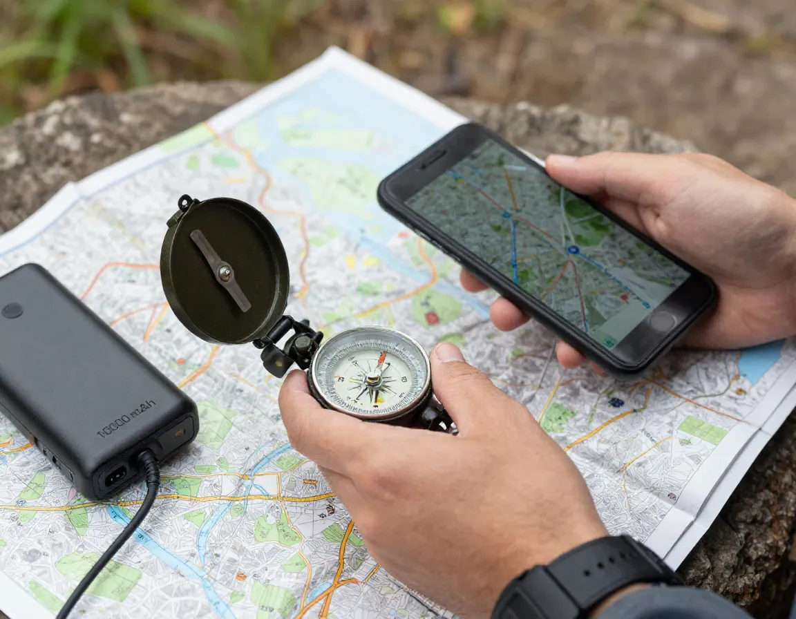 Offline map compass and power bank for outdoor navigation
