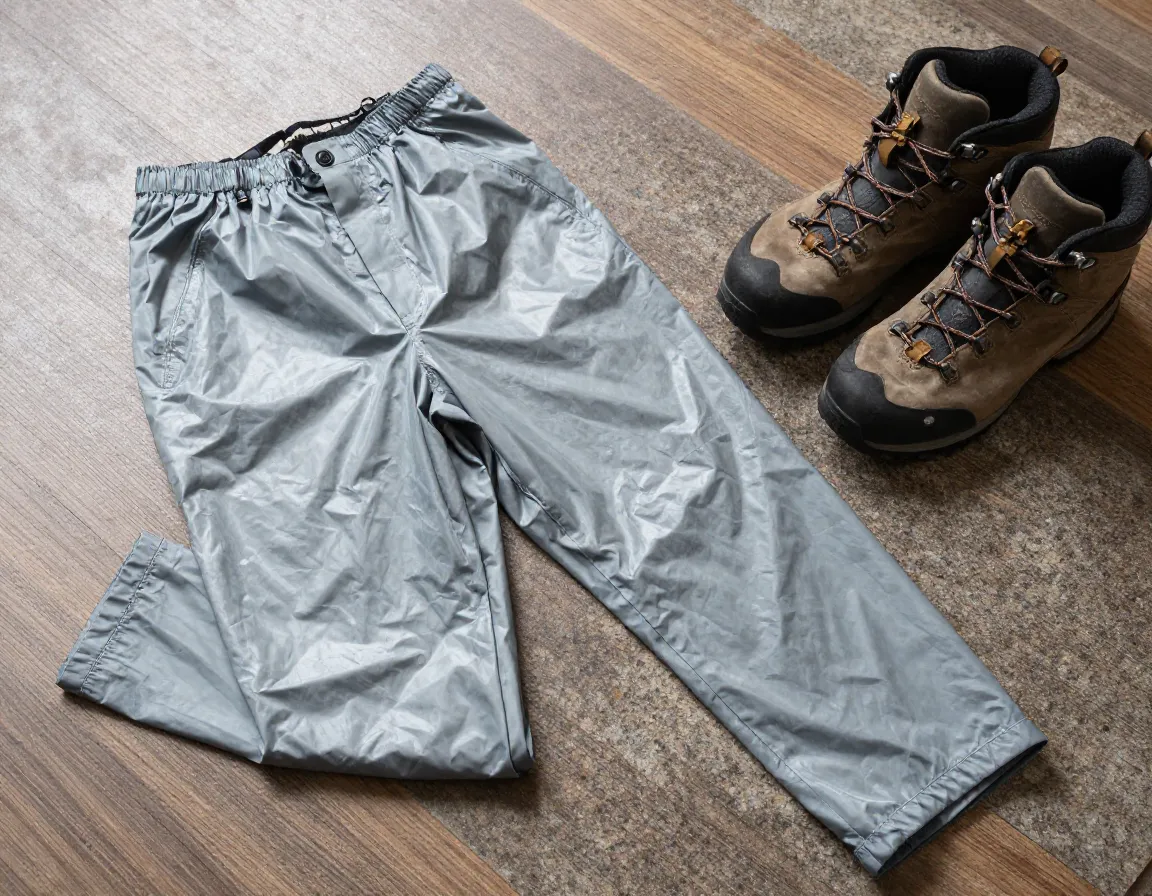 Packable ultralight rain pants with hiking boots flatlay