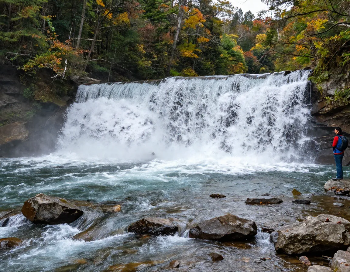 Powerful waterfall plunge pool stream crossing hardwood forest cades cove