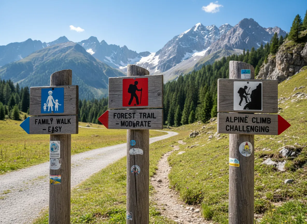 Three distinct alpine trail signs marking different difficulty levels
