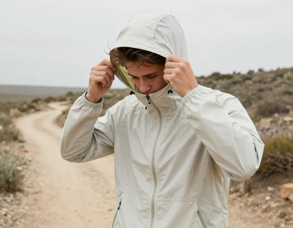 Hiker adjusting adjustable hood on sun hoodie trail