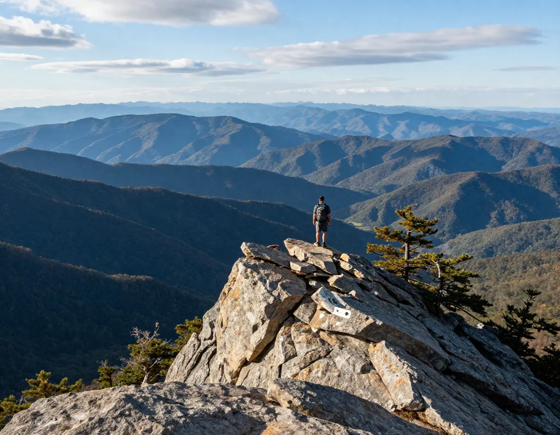 Hiker on rocky outcrop appalachian trail ridge layered blue mountain vistas