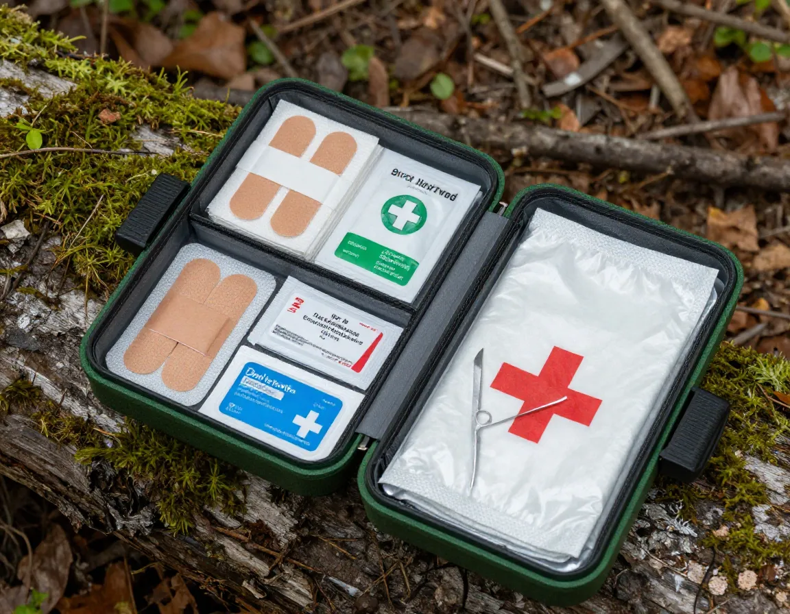 Open first aid kit with supplies on a log in the woods