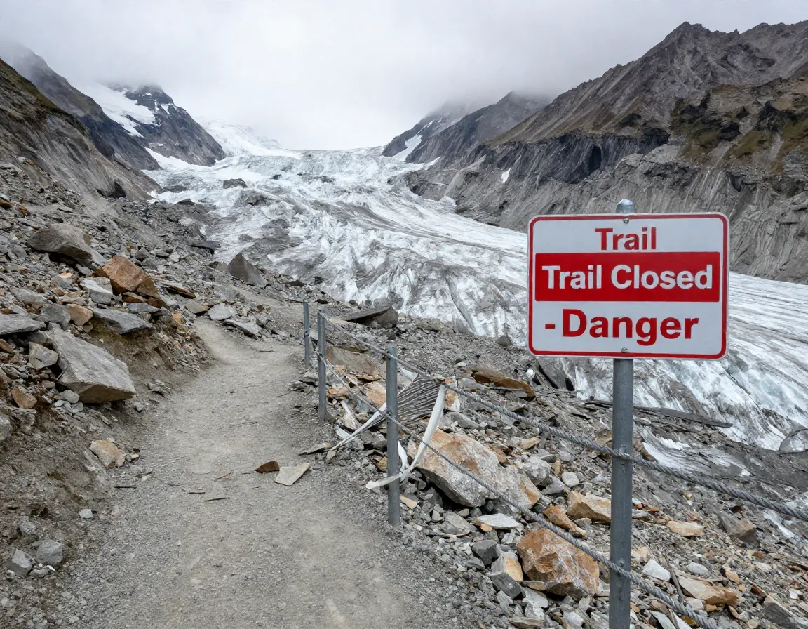 Alpine landscape showing glacial retreat and a trail closed due to rockfall