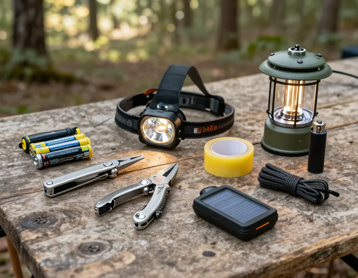 Multi tool headlamp duct tape and lighter on camp table