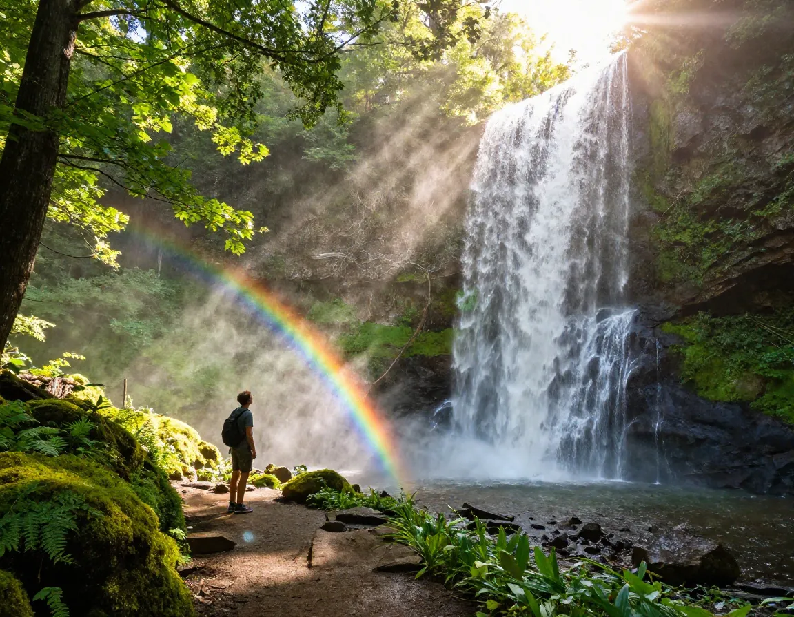 Sunlit waterfall creates rainbow mist hiker on trail near gatlinburg forest