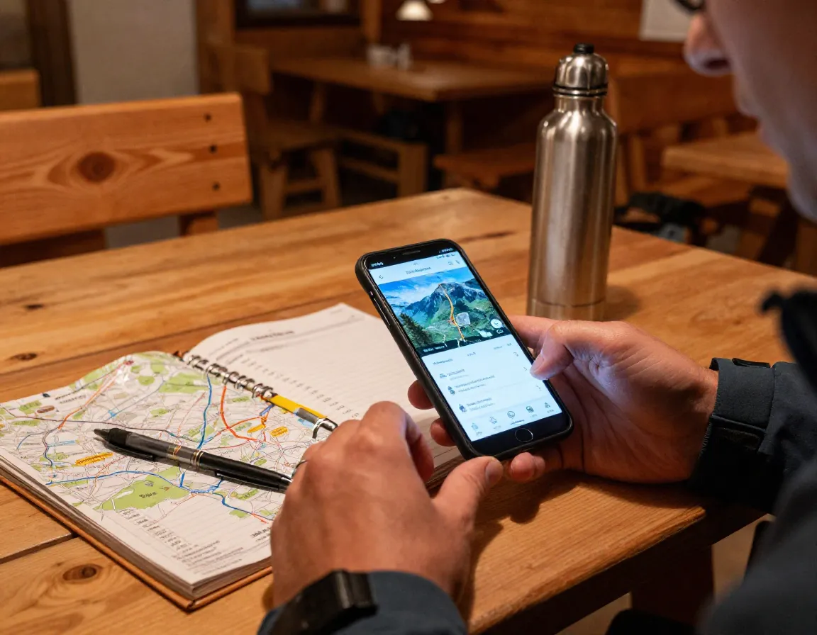 Budget conscious hiker planning a trip using a phone app at a mountain hut